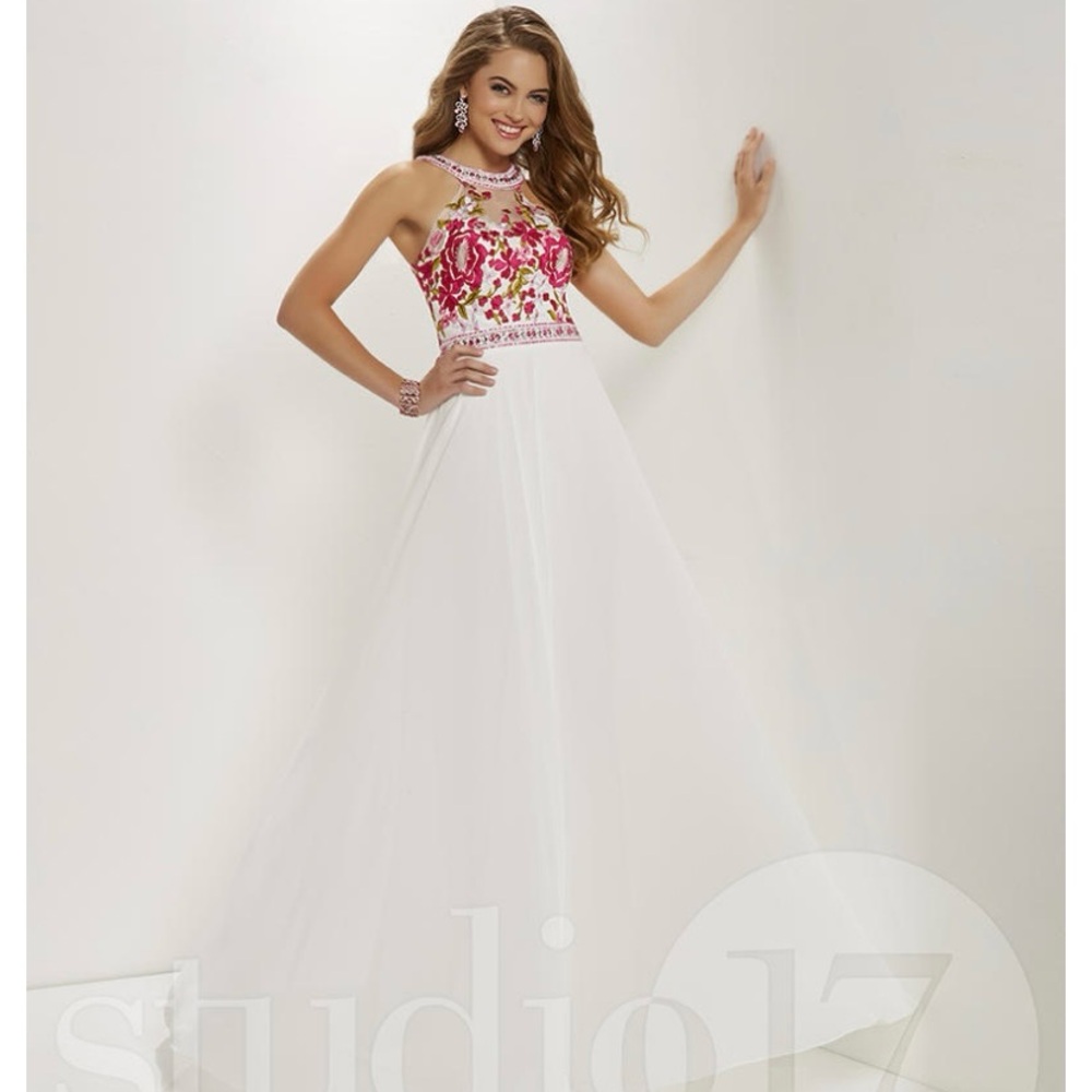 Studio 17 White Dress with Pink Floral Embroidery